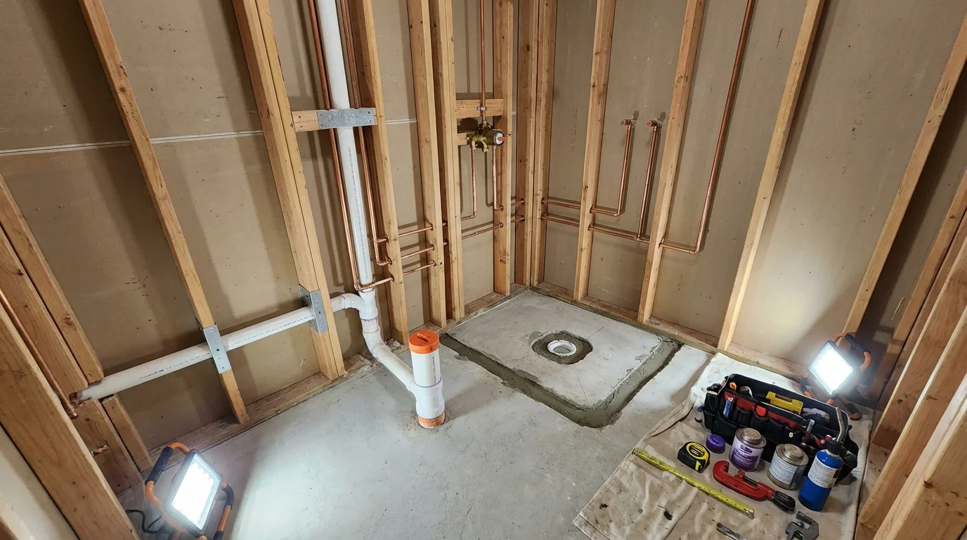 Bathroom rough-in plumbing during remodel by Johns Plumbing LLC in Junction City