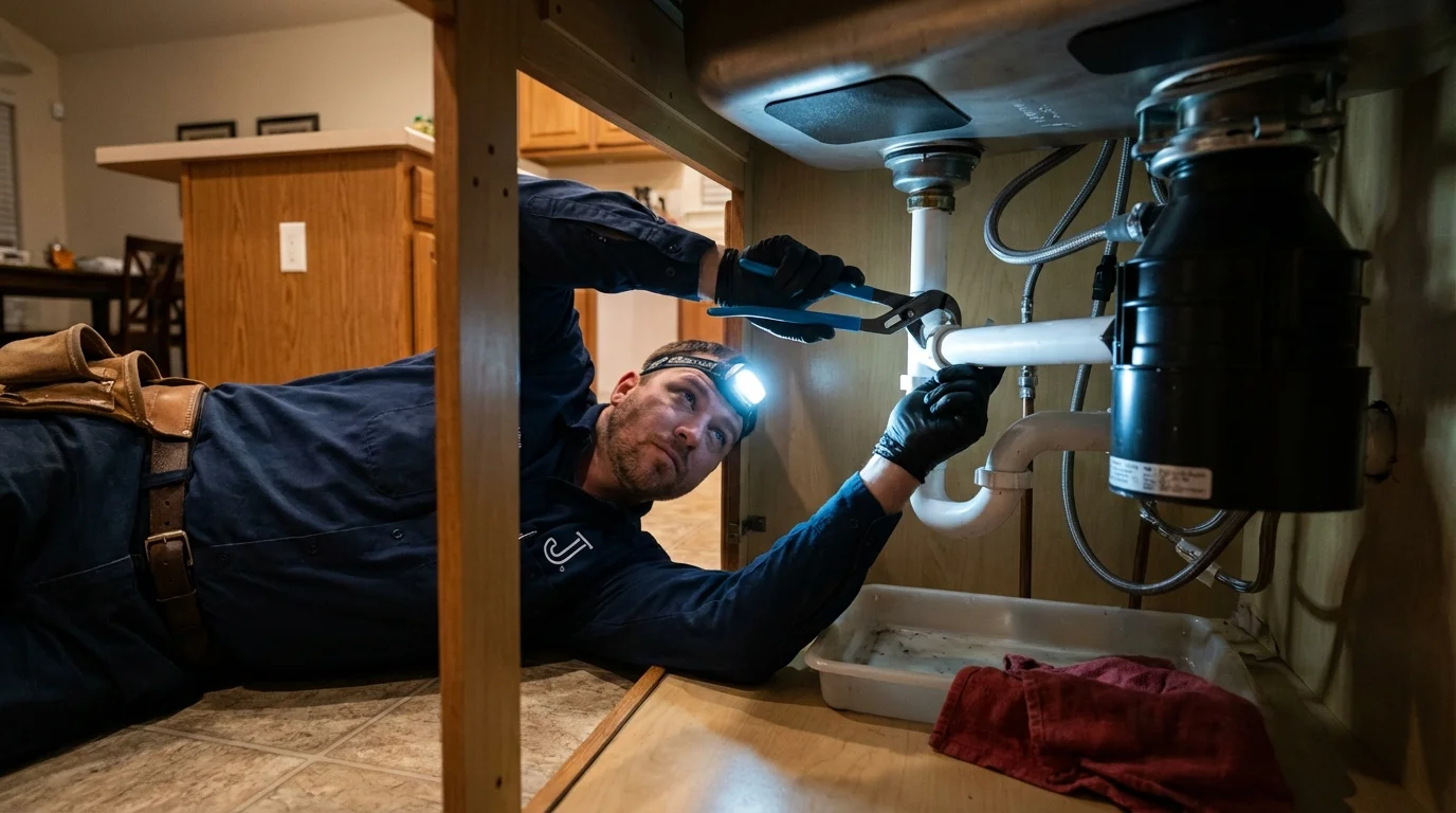 P-trap and supply line connections under a kitchen sink showing a common leak point in Junction City, KY